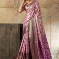Pink Banarasi Silk Saree with Purple Zari Border Floral Weaving Saree