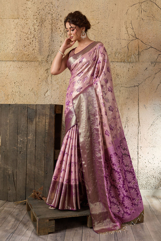 Pink Banarasi Silk Saree with Purple Zari Border Floral Weaving Saree