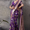Royal Purple Banarasi Silk Saree Gold Zari Border Floral Weaving Saree