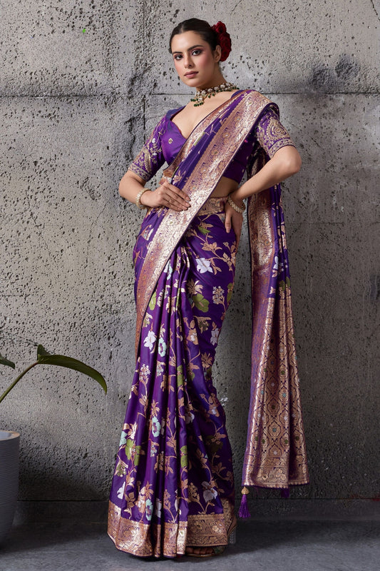 Royal Purple Banarasi Silk Saree Gold Zari Border Floral Weaving Saree