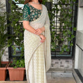 Off White Georgette Saree Golden Butti Designer Teal Green Floral Embroidered Blouse