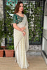 Off White Georgette Saree Golden Butti Designer Teal Green Floral Embroidered Blouse