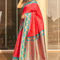 Coral Red Silk Saree Teal Green Contrast Border Floral Zari Work 