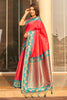Coral Red Silk Saree Teal Green Contrast Border Floral Zari Work 