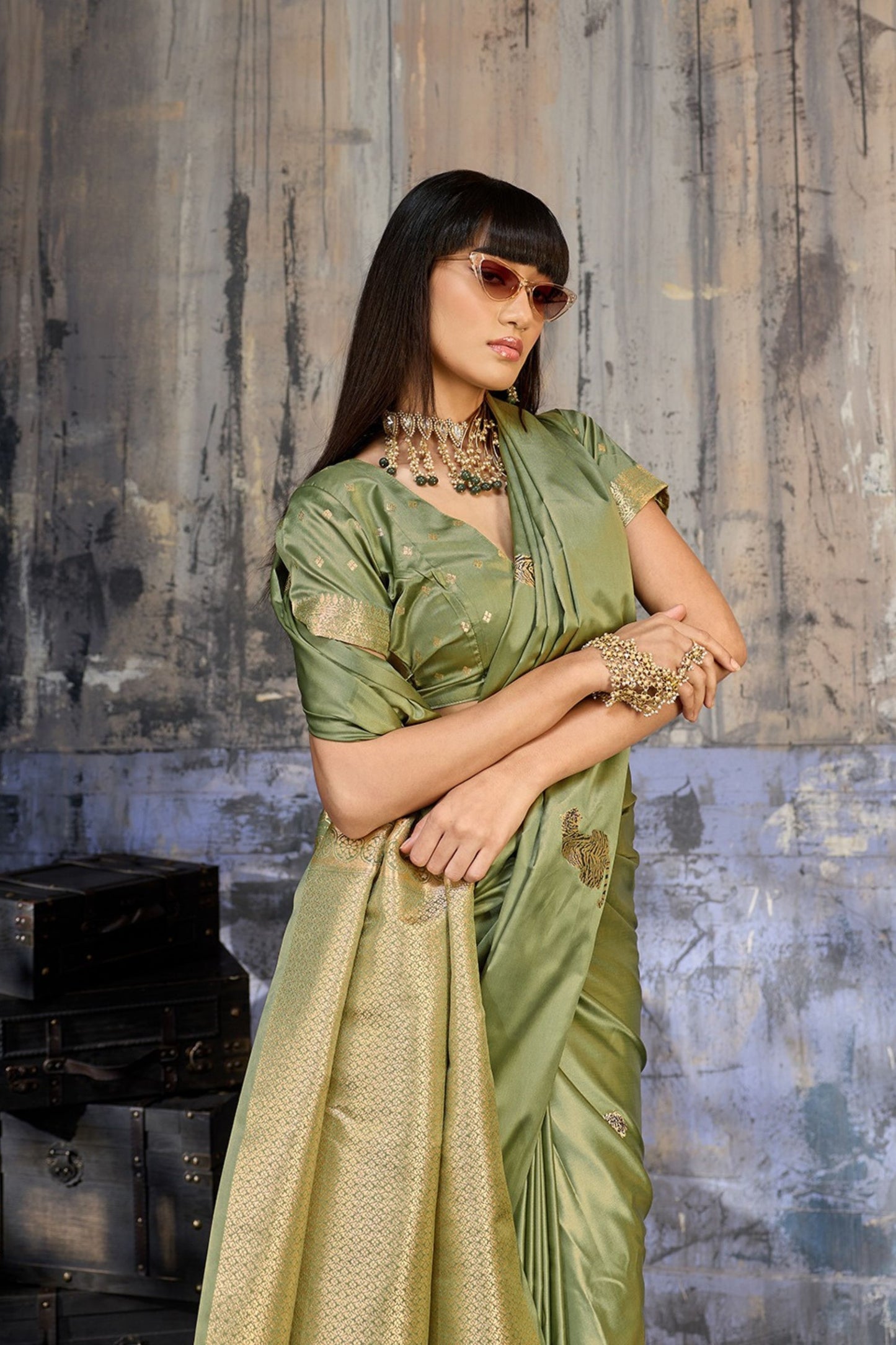 Premium Olive Green Banarasi Silk Saree with Rich Zari Woven Pallu