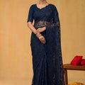 Navy Blue Net Saree Heavy Sequins Embroidery Designer Border