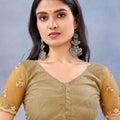 Mustard Yellow Floral Embroidered Net Saree with Designer Border