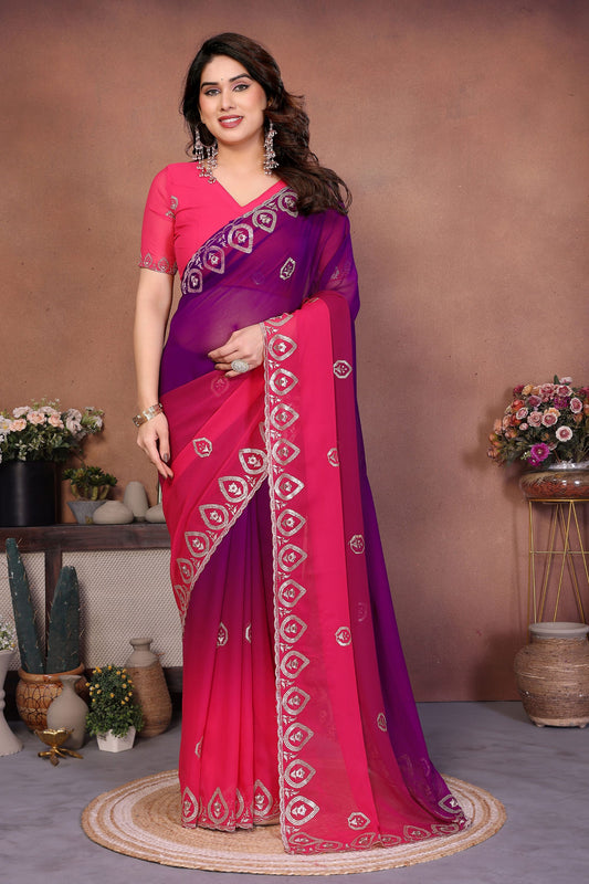 Pink and Purple Georgette Saree Embroidered Border Work