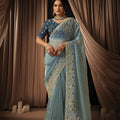 Sky Blue Designer Saree Heavy Embroidered Border Navy Blue Blouse