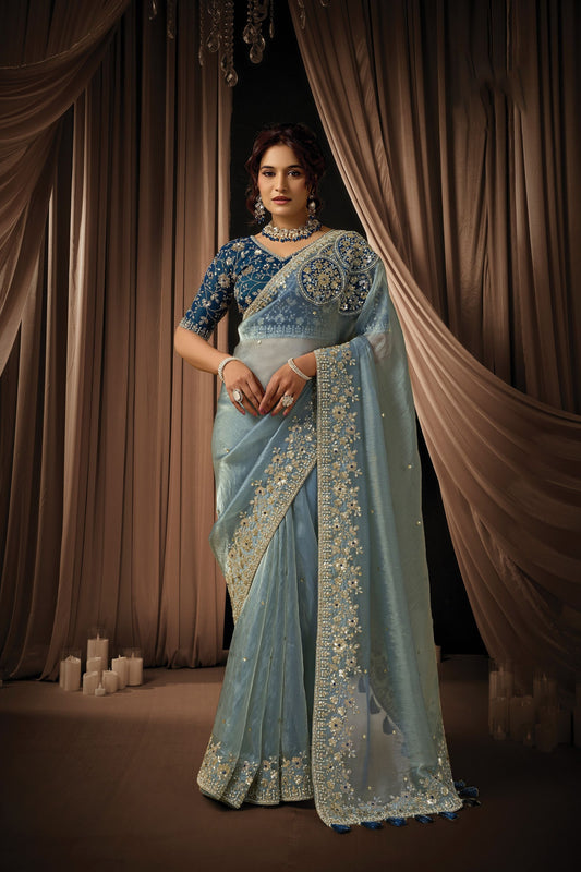 Sky Blue Designer Saree Heavy Embroidered Border Navy Blue Blouse