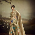 Beige Linen Silk Saree Floral Digital Print Designer Tassel Pallu