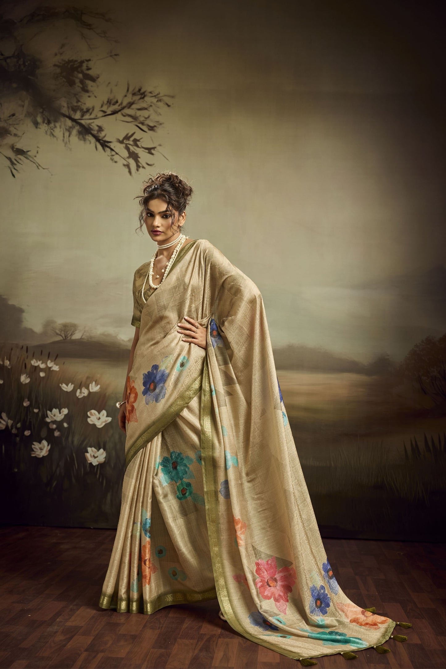 Beige Linen Silk Saree Floral Digital Print Designer Tassel Pallu