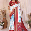 White and Sky Blue Ikat Silk Saree with Rich Red Contrast Border Traditional Saree