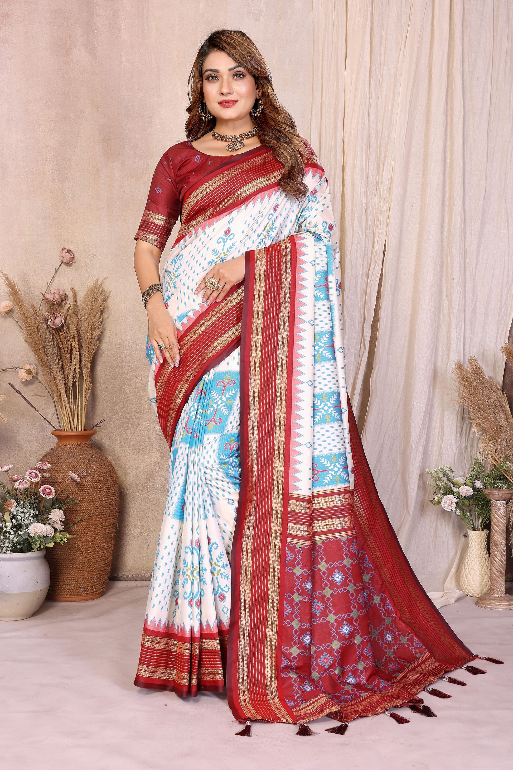 White and Sky Blue Ikat Silk Saree with Rich Red Contrast Border Traditional Saree