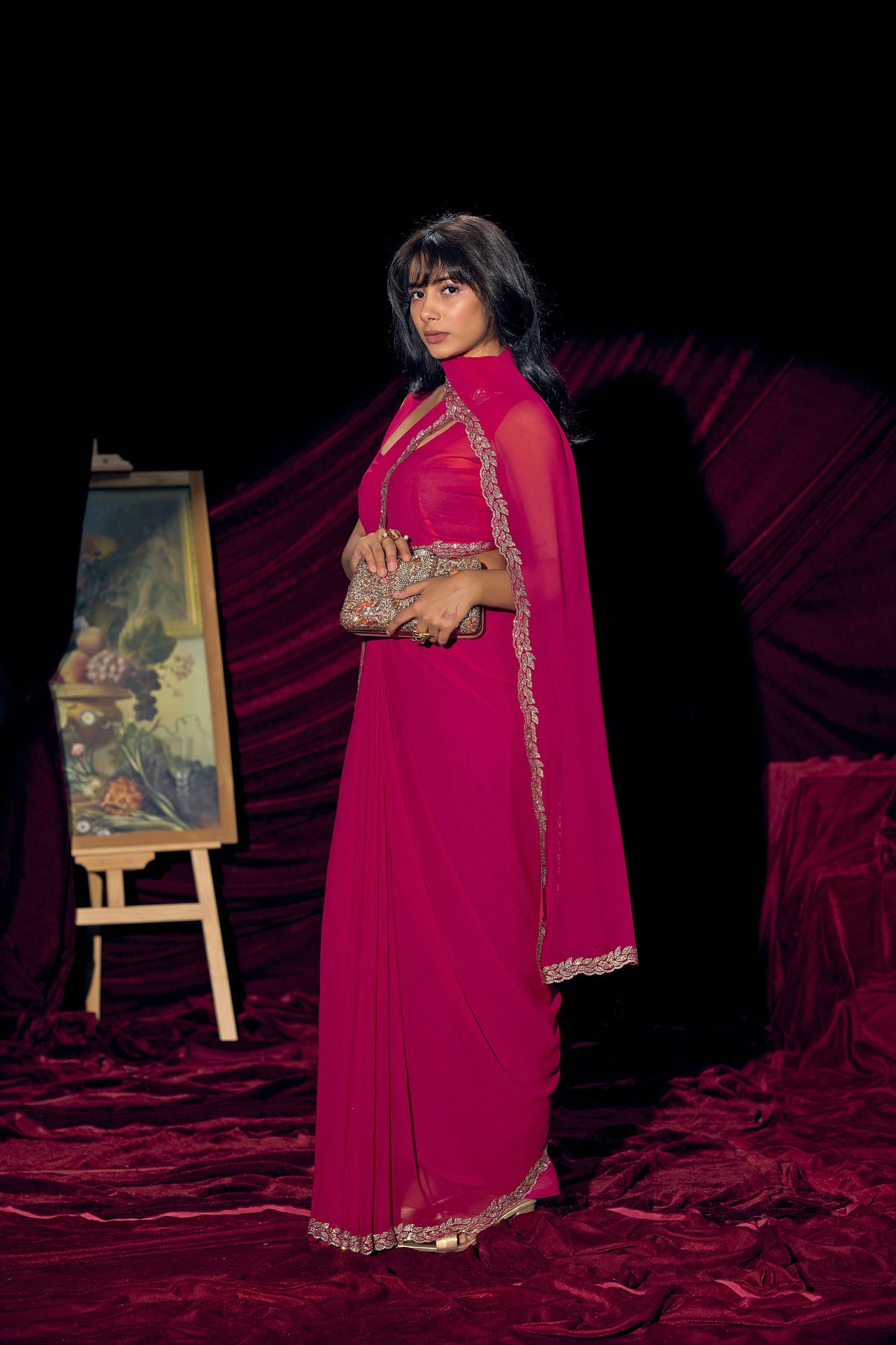 Hot Pink Georgette Saree with Embroidered Border Designer Saree