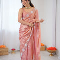 Premium Peach Organza Saree with Elegant White Floral Embroidery Party Wear