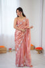 Premium Peach Organza Saree with Elegant White Floral Embroidery Party Wear