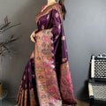 Wine Purple Kashmiri Printed Satin Silk Saree Designer Border