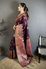 Wine Purple Kashmiri Printed Satin Silk Saree Designer Border