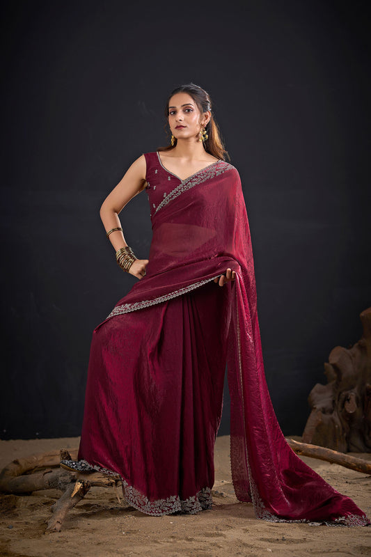 Wine Red Silk Saree with Embroidered Border Designer Saree