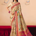  Cream Floral Printed Silk Saree with Pink Zari Border Peacock Pallu 