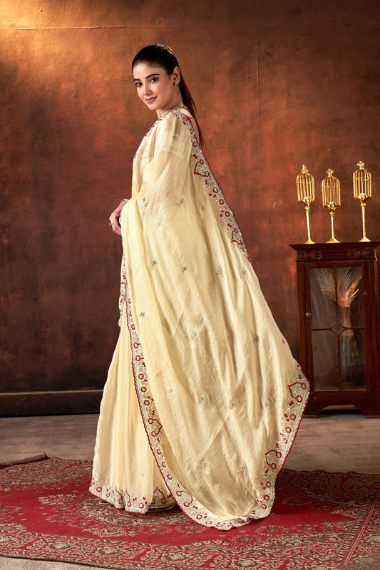 Cream Embroidered Silk Saree with Maroon Blouse Festive Occasions