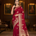 Wine Red Banarasi Silk Saree with Gold Zari Floral Weaving Traditional Wear