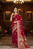 Wine Red Banarasi Silk Saree with Gold Zari Floral Weaving Traditional Wear