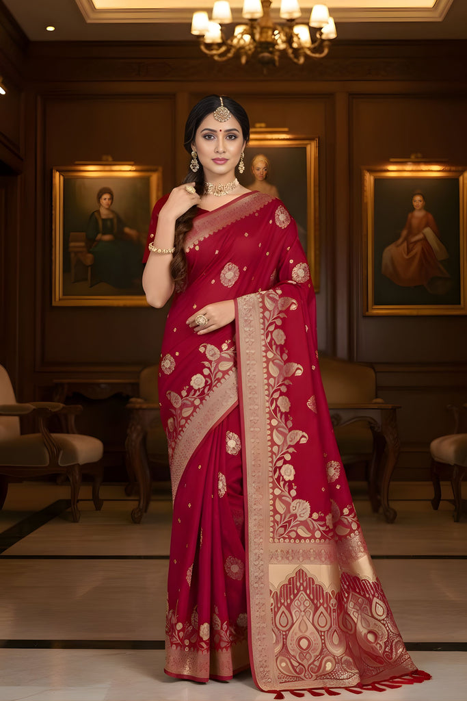 Wine Red Banarasi Silk Saree with Gold Zari Floral Weaving Traditional Wear