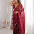 Luxury Wine Red Organza Saree Golden Embroidered Border
