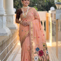 Peach Linen Silk Saree with Multicolor Floral Print Woven Border