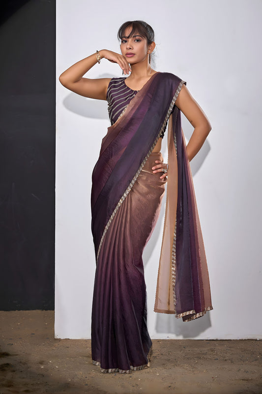 Plum Wine Copper Dual Tone Saree with Designer Border