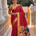Red Cotton Silk Saree Golden Border Peacock Floral Designer Pallu