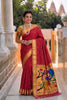 Red Cotton Silk Saree Golden Border Peacock Floral Designer Pallu