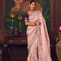 Pink Silk Saree with Heavy Border and Wine Velvet Blouse