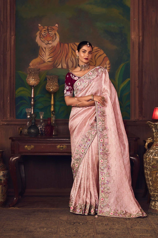 Pink Silk Saree with Heavy Border and Wine Velvet Blouse