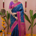 Deep Blue Silk Saree with Rani Pink Woven Border Traditional Design