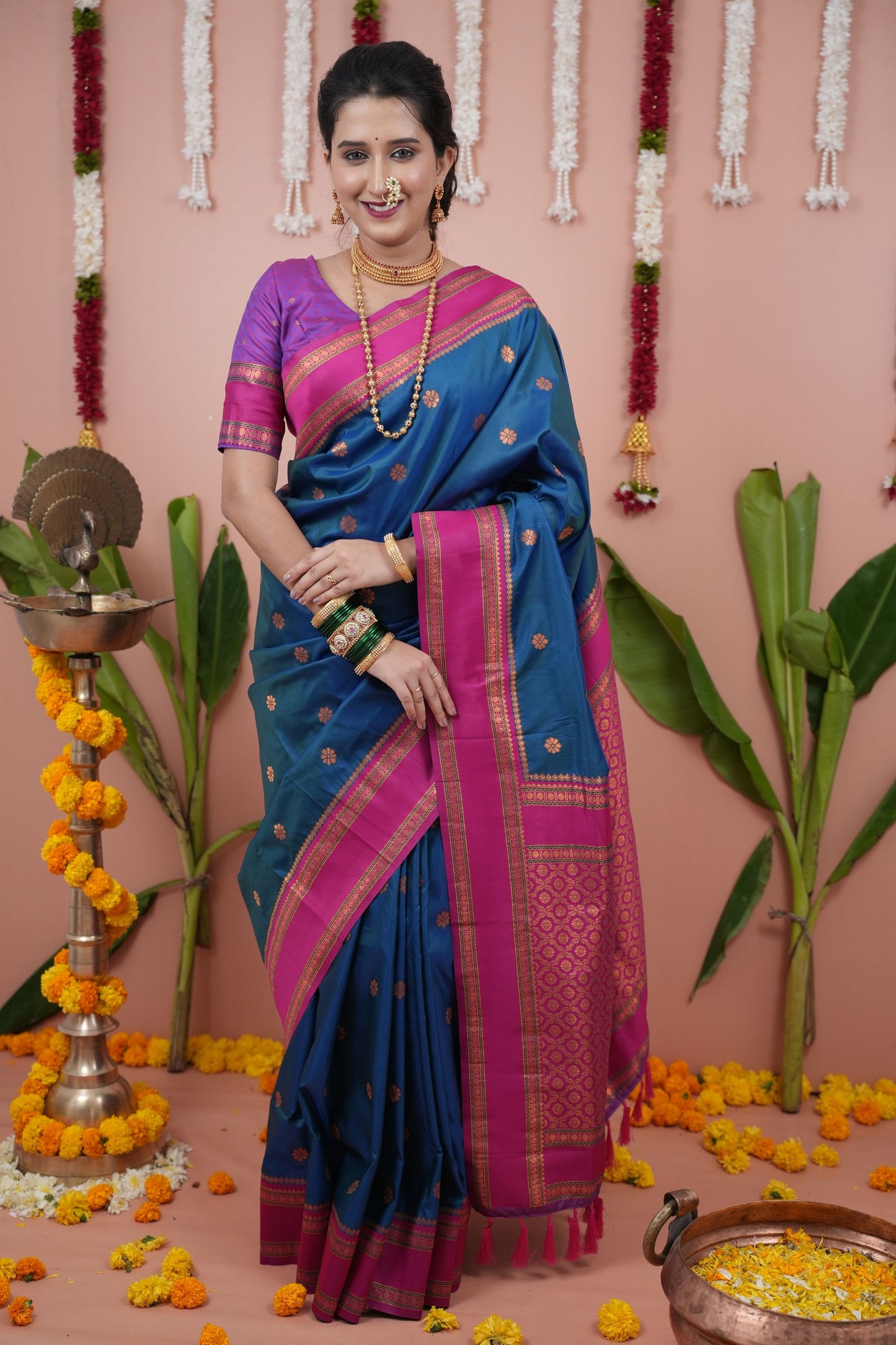 Deep Blue Silk Saree with Rani Pink Woven Border Traditional Design