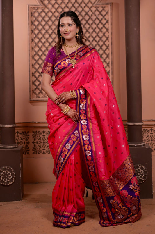 Pink Paithani Silk Saree with Contrast Purple Zari Border