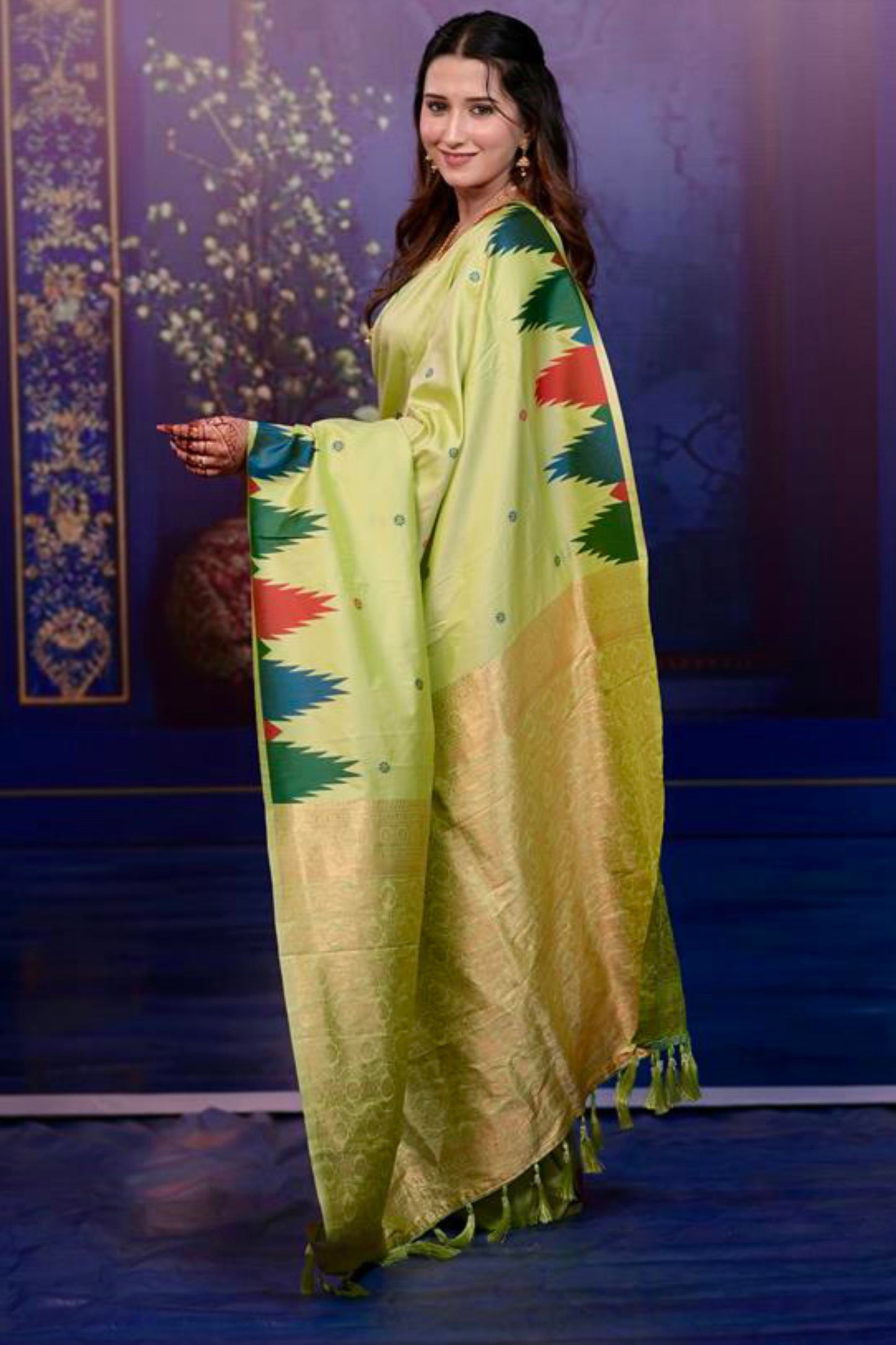 Pistachio Green Soft Silk Saree Multicolor Temple Border Rich Zari Pallu