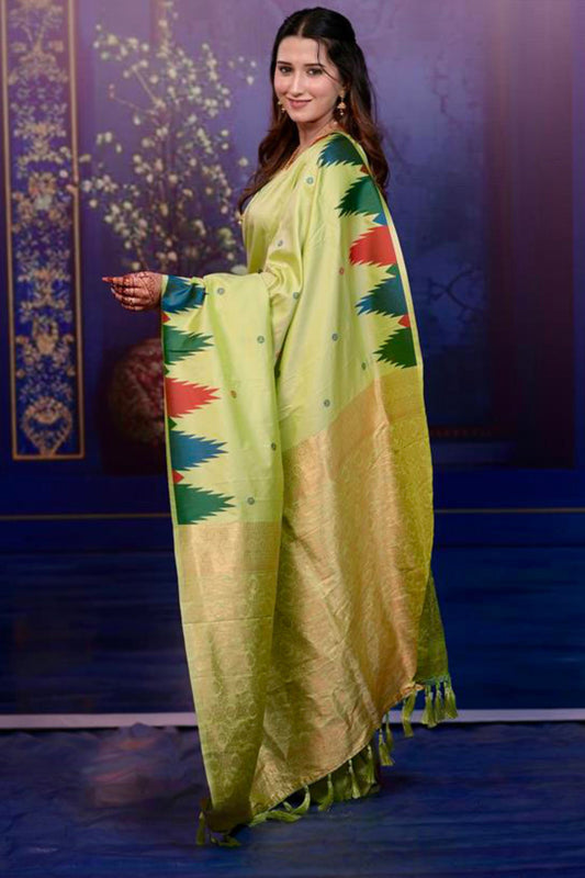 Pistachio Green Soft Silk Saree Multicolor Temple Border Rich Zari Pallu