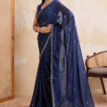 Navy Blue Georgette Saree with Silver Zari Border Butti Work