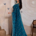 Teal Blue Silk Saree Golden Zari Embroidery Border Matching Blouse