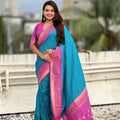 Teal Blue Saree with Pink Contrast Border Traditional Printed Design