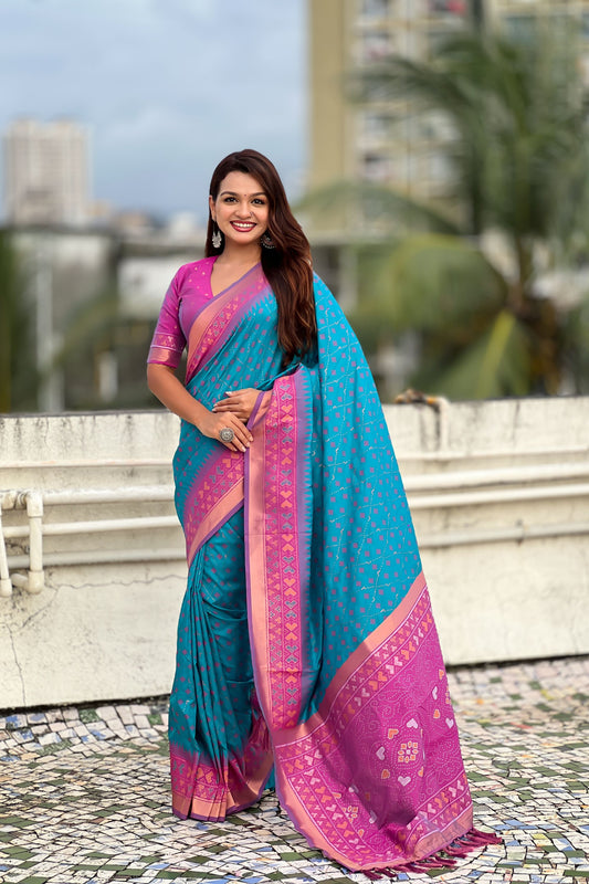 Teal Blue Saree with Pink Contrast Border Traditional Printed Design