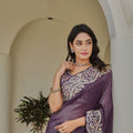 Deep Purple Georgette Saree Heavy Embroidered Border Designer Blouse