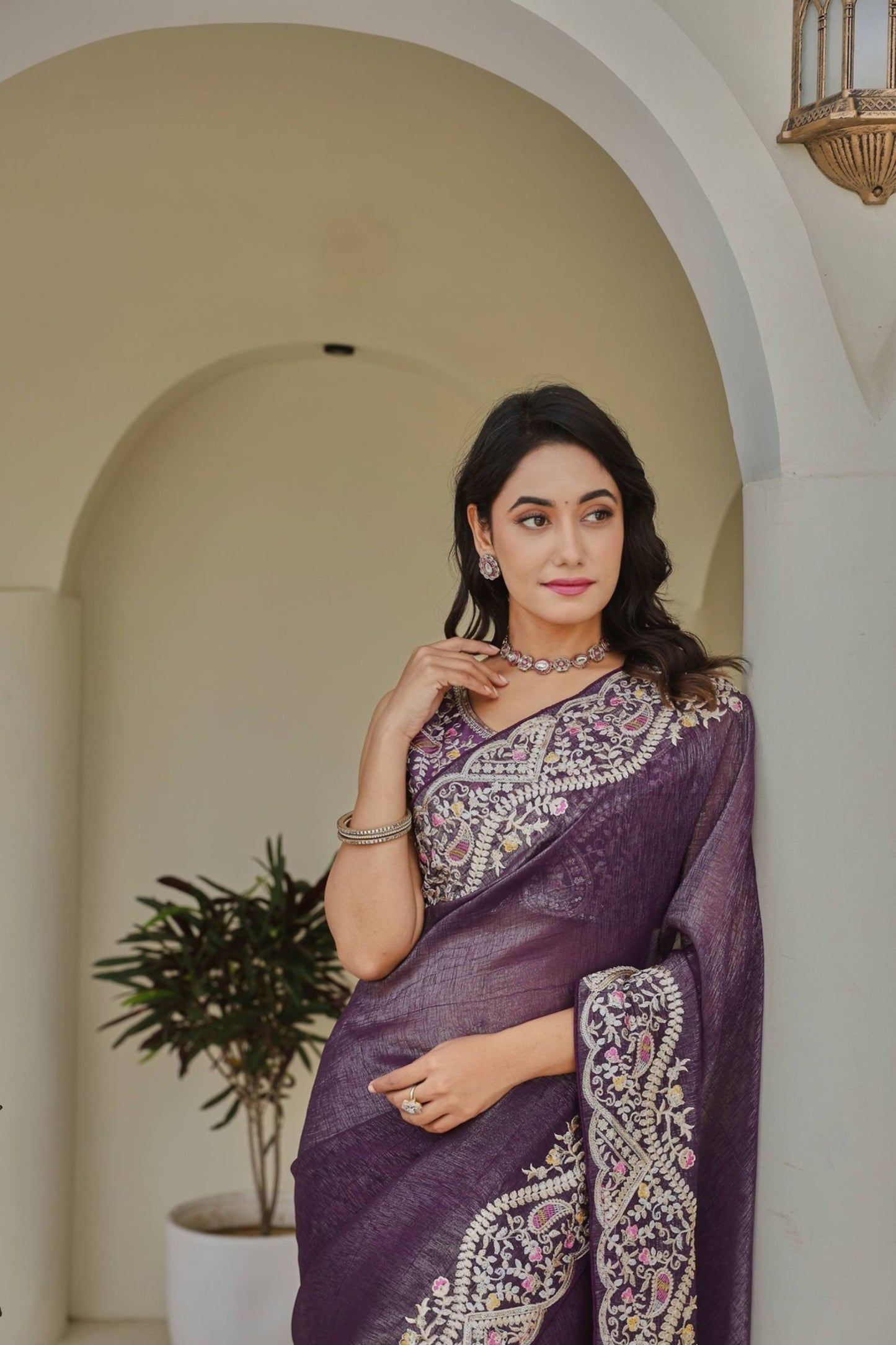 Deep Purple Georgette Saree Heavy Embroidered Border Designer Blouse