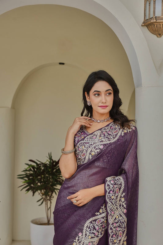Deep Purple Georgette Saree Heavy Embroidered Border Designer Blouse