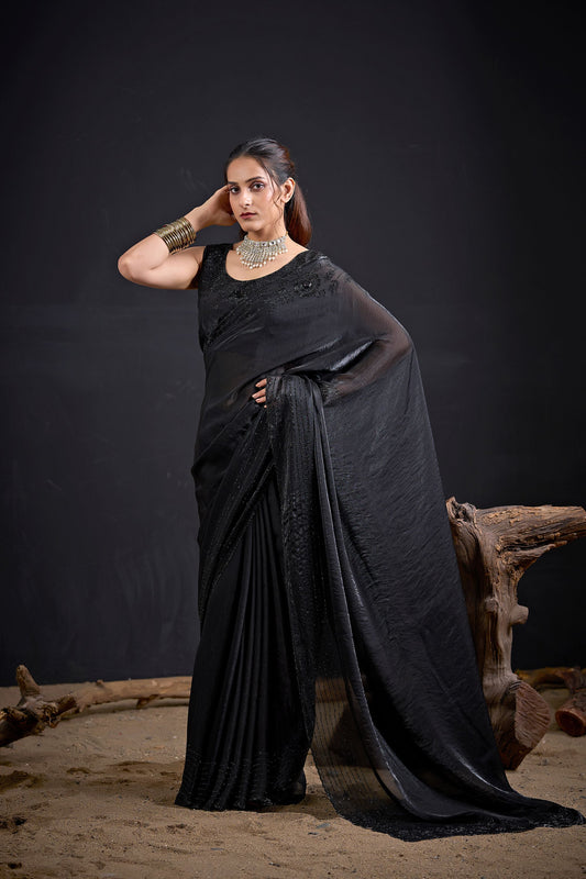 Black Embroidered Silk Saree with Designer Blouse