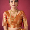 Peach Orange Banarasi Silk Saree Golden Zari Weaving Designer Blouse